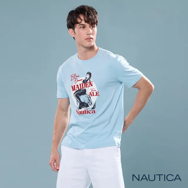 【NAUTICA】官方旗艦 男裝 復古美人魚印花短袖T恤(藍色)
