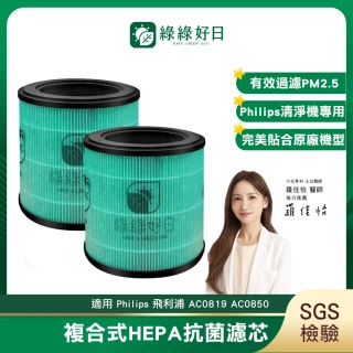 【Have Green Days 綠綠好日】兩入組_適用 Philips 飛利浦 AC0819 AC0819/80 AC0850 複合式HEPA抗菌濾網