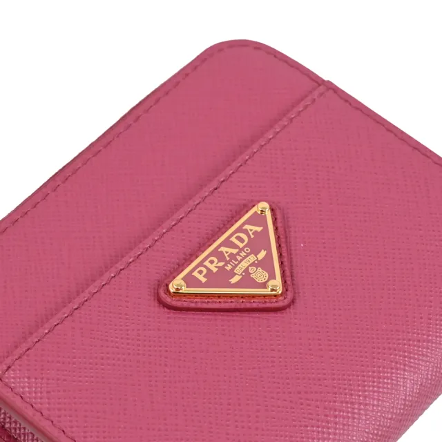 【PRADA 普拉達】簡約三角LOGO鍊條掛飾鈔票零錢包短夾(桃粉)