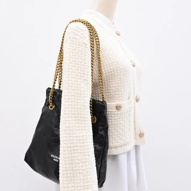 【Balenciaga 巴黎世家】CRUSH TOTE 品牌雙B字LOGO牛皮肩斜托特包鍊包(黑)