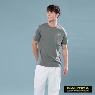 【NAUTICA】官方旗艦 男裝 COMPETITION 異材質拼接純棉短袖T恤(灰綠色)