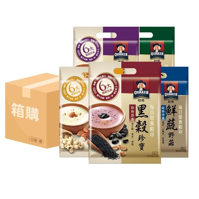 【QUAKER 桂格】每日營養穀珍麥片x15袋/箱出(黑穀珍寶/杏仁蓮子/核桃堅果-無糖/穀麥全餐-無糖/鮮蔬野菇)