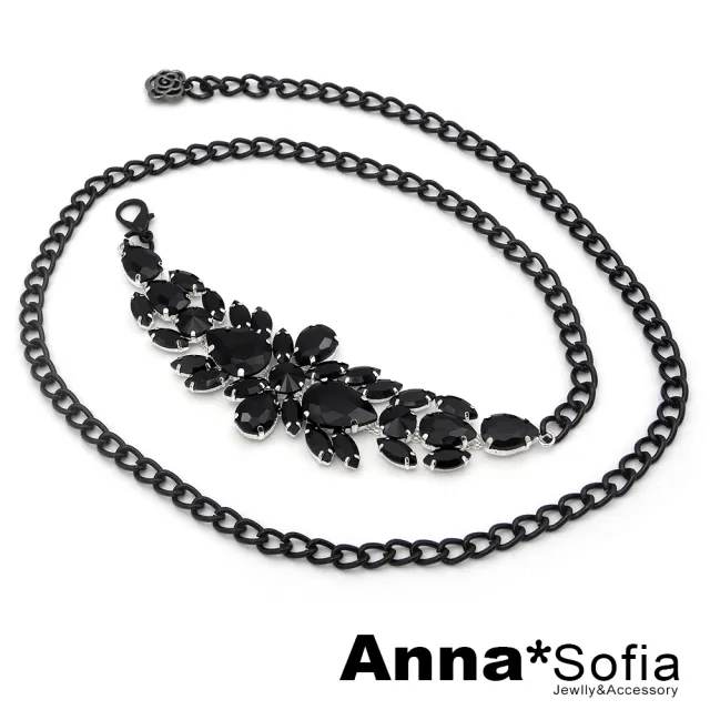 【AnnaSofia】腰鍊腰帶腰封-璀璨星芒 奢華寶石風 現貨(黑晶-銀系)