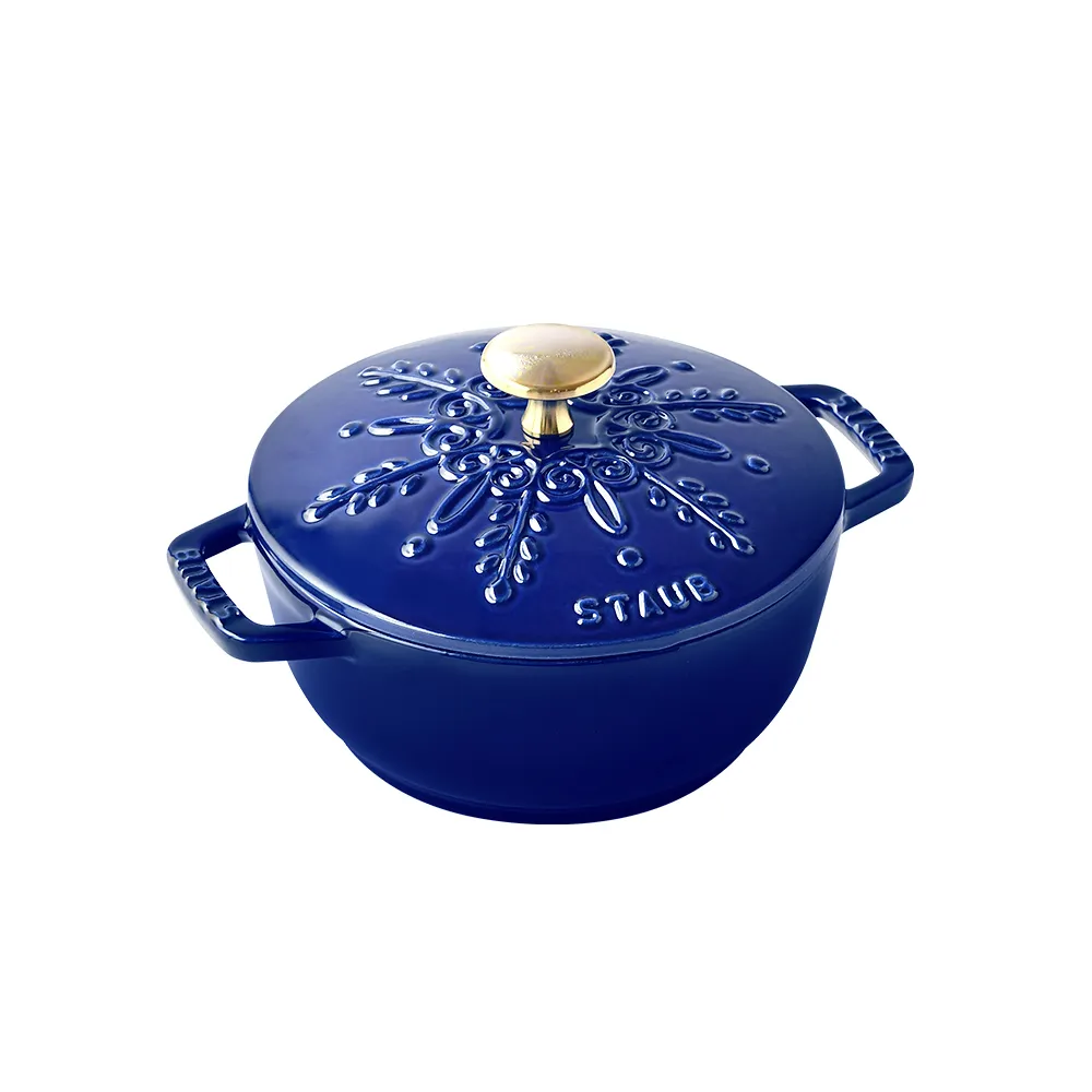 【STAUB】雪花雕花琺瑯鑄鐵鍋和食鍋16cm-深藍色(德國雙人牌集團官方直營)