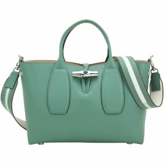 【LONGCHAMP】Roseau M 竹節鎖釦牛皮手提 斜背托特包-綠色