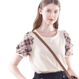 【Kinloch Anderson】金安德森女裝 荷葉滾邊格紋拼接袖上衣(KA1185307 米卡其/藏青)
