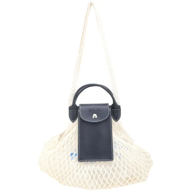 【LONGCHAMP】Le pliage Collection 皮革前袋棉線編織手提 肩背漁網包-L深藍