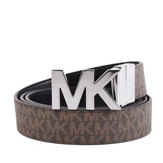 【Michael Kors】男款 銀字MK緹花LOGO防刮雙面用窄版皮帶-咖啡色/黑