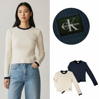 【CALVIN KLEIN】華夫格 Calvin Klein Jeans 女長T 領口撞色 修身短版 彈性 CK 薄長袖 長袖 T恤 上衣 @1782