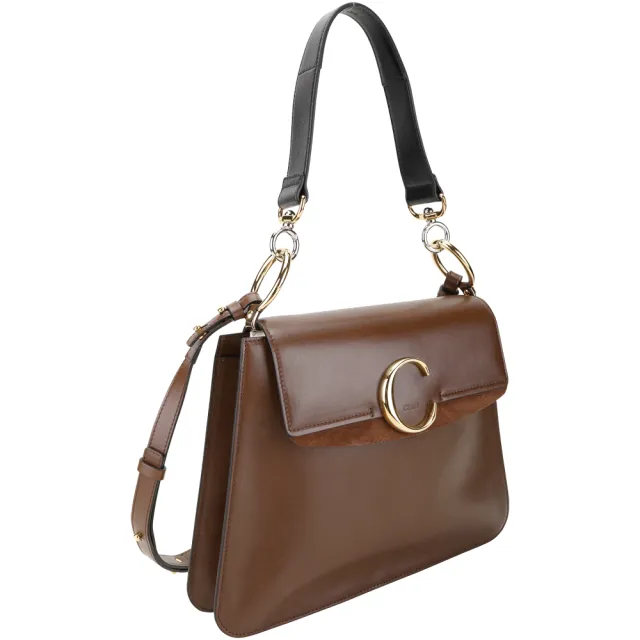 【Chloe’ 蔻依】C Bag 中款 金釦小牛皮手提 肩背包-咖啡色