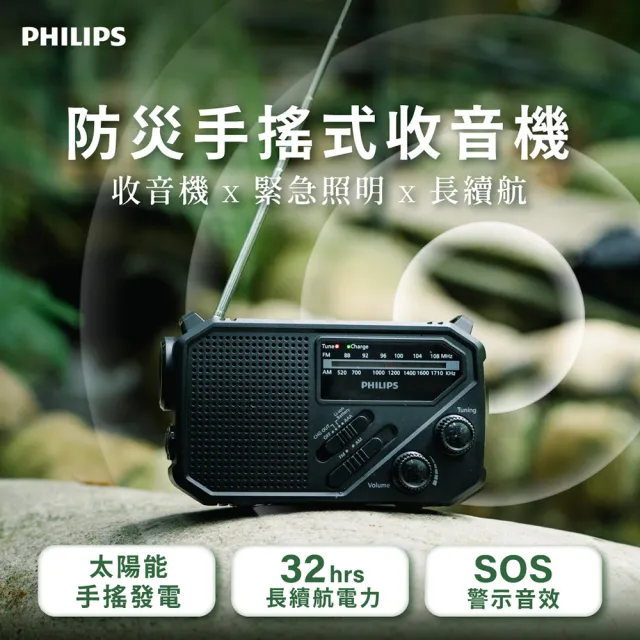【Philips 飛利浦】防災手搖式收音機 TAR1609(太陽能/32H續航/SOS/FM收音機/隨身收音機/廣播收音機)