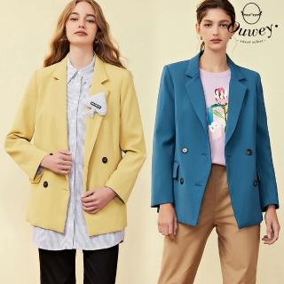 【OUWEY 歐薇】時尚雙排釦微墊肩斜布紋西裝外套(兩色；S-L；3223134705)