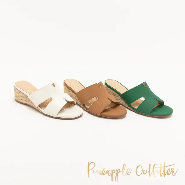 【Pineapple Outfitter】草編度假風楔型H真皮拖鞋PANCE(白色)