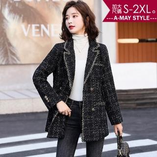 【Amay Style 艾美時尚】中大尺碼女裝 名媛小香風粗花呢顯瘦西裝外套。S-2XL(黑.預購)