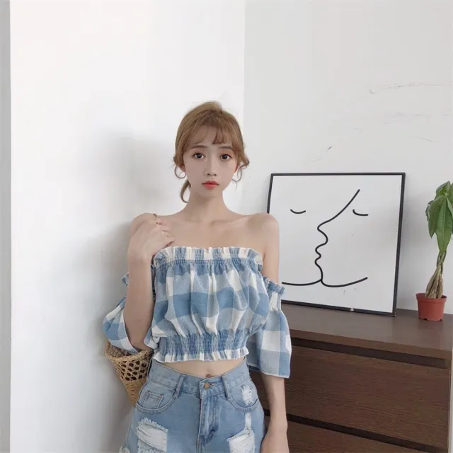 【Uicy】韓版一字肩喇叭袖露肩格子短袖上衣 衣服 女裝 t恤 短 T203