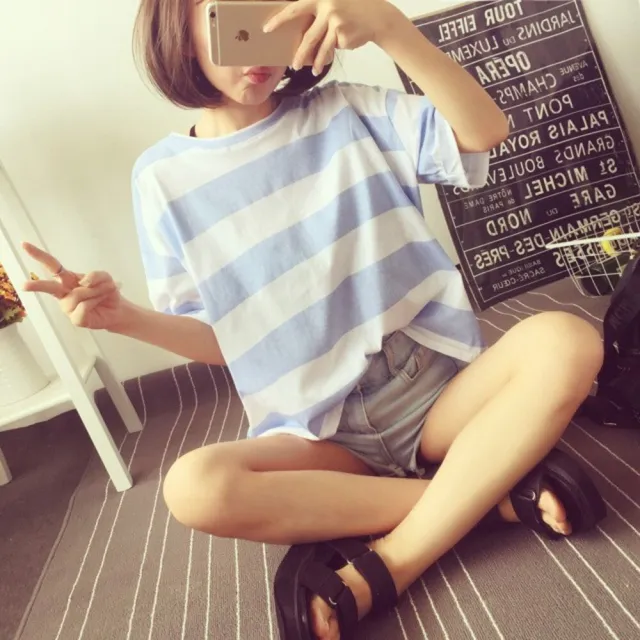 【Uicy】韓版新款夏季糖果色條紋短袖T恤 衣服 女裝 t恤 短袖t T102