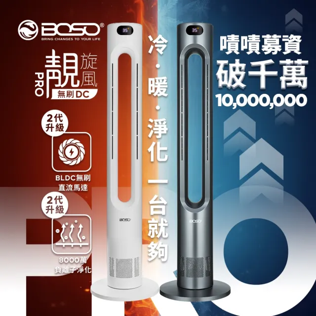 【BOSO】靚旋風Pro 無刷DC負離子空氣淨化無葉冷暖風扇-星曜灰(冷暖扇/涼風扇/循環扇/電暖器/暖風扇)