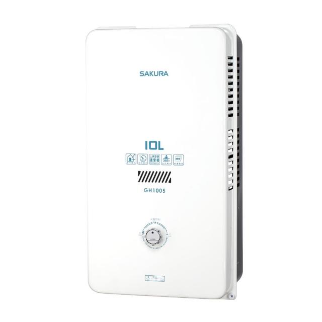 SAKURA櫻花牌 GH-1005 SAKURA 櫻花牌 GH-1005 瓦斯熱水器,臺灣原裝生產,適合液化瓦斯使用。採用 RF 自然排氣設計,電子式自動點火,機械控溫功能精準控制水溫。熱水放出量達 10L,熱效率高達 83.2%,能源效率第二級,尺寸 390 x 210 x 725 mm,重量僅 14kg。使用 DC1.5V 電池供電,BSMI 許可字號 R51085,一年保固。理想的家用瓦斯熱水器選擇,提供穩定熱水供應,節省能源。