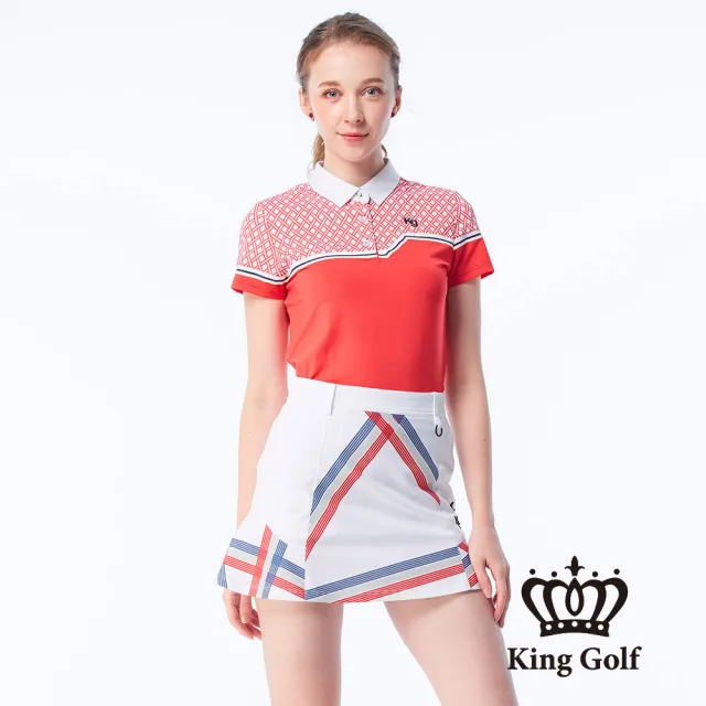 【KING GOLF】速達-網路限定款-女款幾何印花線條撞色涼感短袖POLO衫/高爾夫球衫-紅色