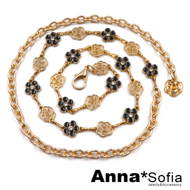 【AnnaSofia】腰鍊腰帶腰封-赫本之約 黑釉鑲鑽鏤花 現貨(金系)