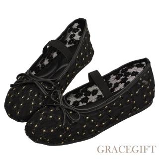 【Grace Gift】春日花園蝴蝶結網紗平底瑪莉珍鞋 (黑)