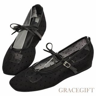 【Grace Gift】日系水玉蝴蝶結網紗內增高瑪莉珍鞋 (黑)
