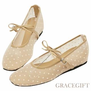 【Grace Gift】日系水玉蝴蝶結網紗內增高瑪莉珍鞋 (卡其)