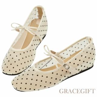 【Grace Gift】日系水玉蝴蝶結網紗內增高瑪莉珍鞋 (米白)