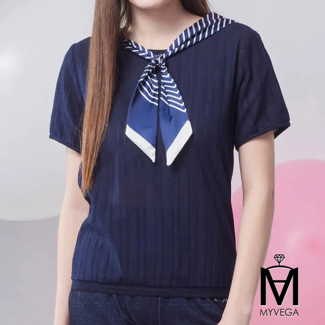 【MYVEGA 麥雪爾】MA造型條紋領巾學院風上衣-共二色(女上衣/短袖上衣/純棉T)