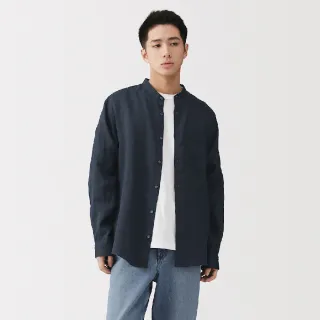 【MUJI 無印良品】男亞麻水洗立領長袖襯衫(白色/原色/淺藍/深藍/墨灰格紋/深棕格紋)