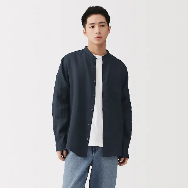 【MUJI 無印良品】男亞麻水洗立領長袖襯衫(白色/原色/淺藍/深藍/墨灰格紋/深棕格紋)