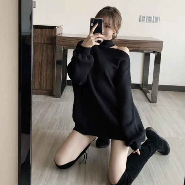 【Uicy】韓版小心機露肩慵懶風長版毛衣 長袖上衣長袖t恤衣服 W325