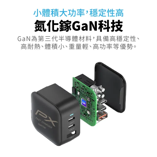 【PX 大通】iphone17/16/15三星70W瓦氮化鎵GaN充電器 快充頭Type C筆電充電頭手機USB三孔65W(PWC-7012B W)