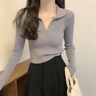 【Uicy】韓版設計感V領打底針織上衣 長袖上衣長袖t恤衣服女 W288