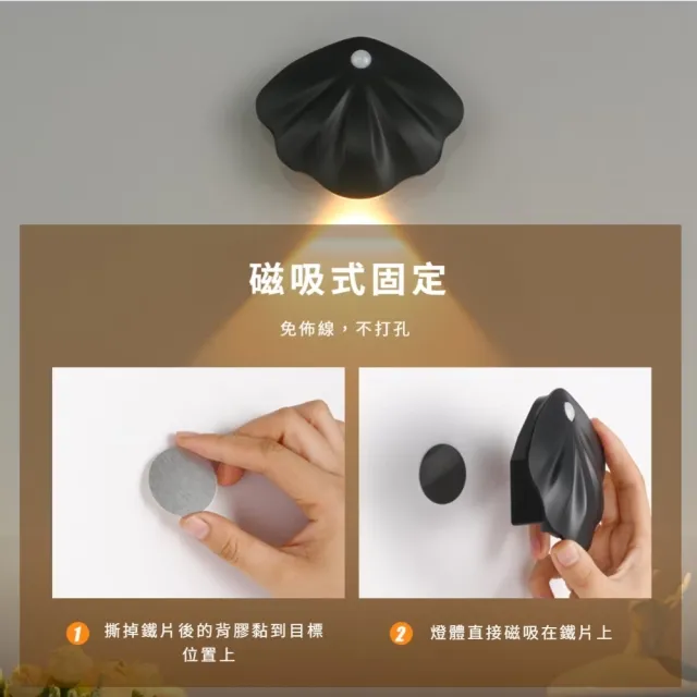 唯美貝殼USB磁吸式自動人體感應燈(色溫切換 LED燈 樓梯 走廊燈 小夜燈 氣氛燈 造型 裝飾品)
