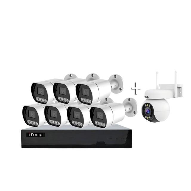 I-Family 宇晨 16 路 DVR 監控主機，搭配 2 顆高解析度 300 萬畫素鏡頭，支援 AHD 1296P 視訊輸出，鏡頭焦距 2.8mm 提供廣角監控視野。具日夜功能、4 顆 LED 紅外線燈，夜視距離達 10 公尺，最低照度 0.01Lux。IP66 防水防塵等級，適用室內外安裝。影象感測器為 3.0MP CMOS，彩色制式 PAL，尺寸 65x59x185mm，重量 1000g，產地中國，BSMI 許可 R31957。專業監控解決方案，確保安全無虞。