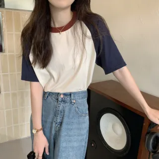 【Uicy】韓版簡約休閒寬鬆撞色短袖上衣 衣服女裝t恤短袖t恤 T501