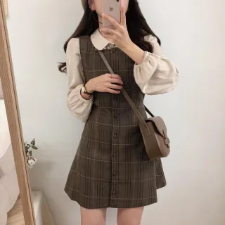 【Uicy】韓版復古襯衫格子連衣裙 裙子 褲裙 長裙 女裝S101