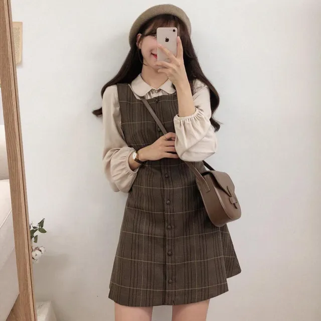 【Uicy】韓版復古襯衫格子連衣裙 裙子 褲裙 長裙 女裝S101