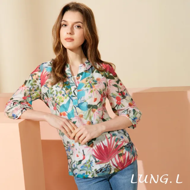 【LUNG.L 林佳樺】LW38A 水彩花卉印花假兩件七分袖女裝上衣(加大尺碼)