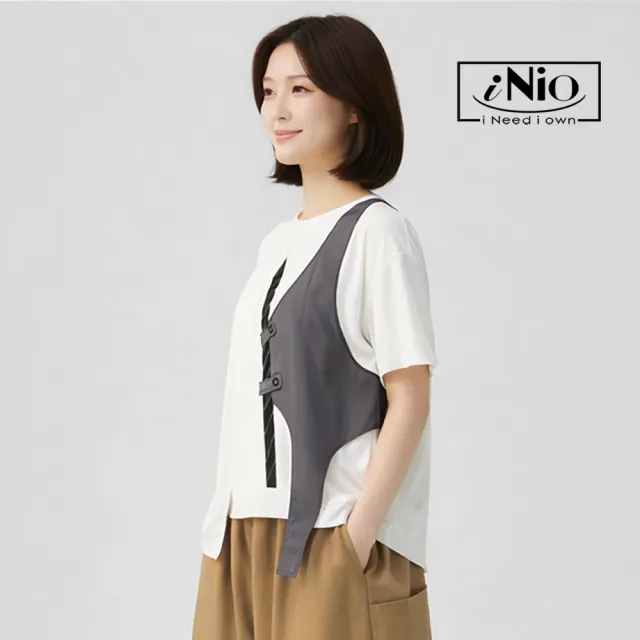 【iNio 衣著美學】撞色拼接個性風短袖上衣 立體拼接 不對稱下襬 輕落肩圓領短袖棉T CHW1027