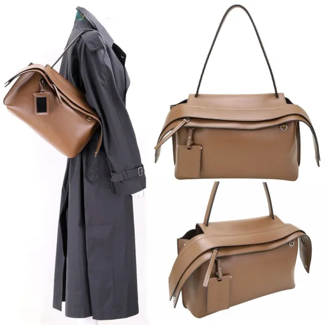 【TOD’S】TODS Wave 中款 字母壓印壓紋牛皮翻蓋拉鍊肩背包-棕色(義大利手工皮革)
