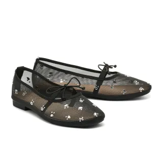 【BYHUE】優雅自然幾何白鑽網紗軟芯Q底瑪莉珍平底鞋(黑)