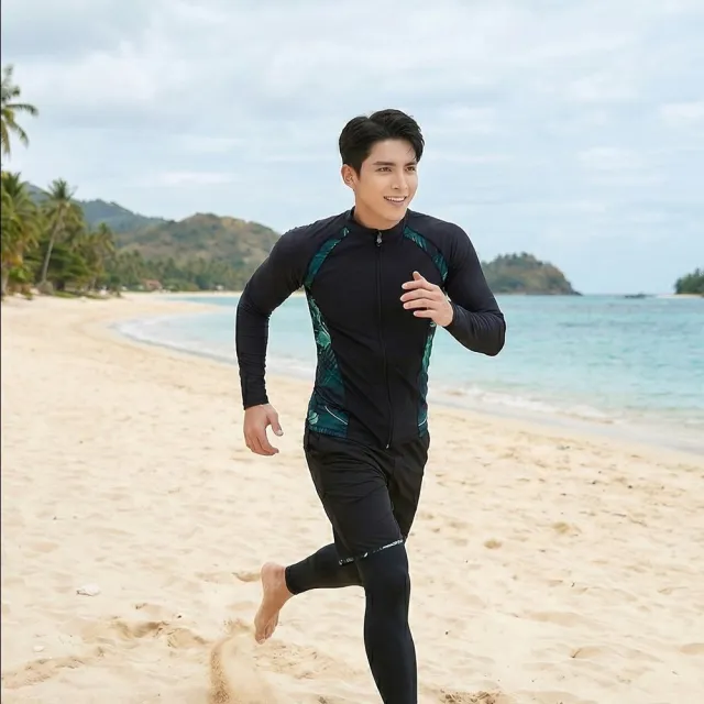 【AS 梨卡】泳衣 泳裝 三件式 長袖 衝浪 潛水 情侶款 男款拉鍊外套泳裝CR622-1
