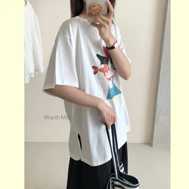 【Want-Meow】90公斤可穿/寬鬆可愛設計貓貓愛吃魚棉T大尺碼上衣大尺碼T恤大學T(大碼/大尺碼/加大碼)