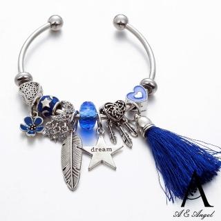 【ANGEL】海洋補夢網流蘇星星月亮吊飾琉璃DIY串珠不鏽鋼彈性手鐲(銀色)