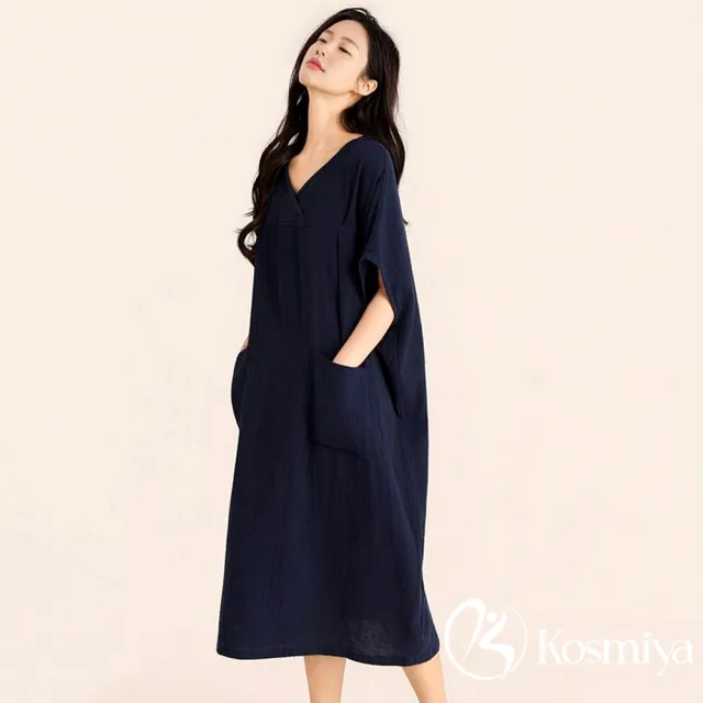 【Kosmiya】1套 專櫃級 純棉雙層紗 極簡寬鬆V領睡裙/女睡衣/涼感睡衣/連身裙/連身洋裝/洋裝(3色/均碼)