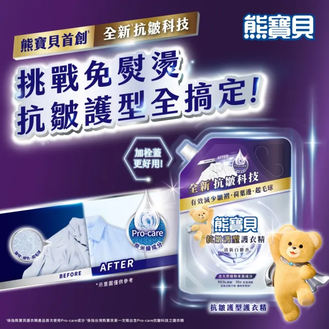 【熊寶貝】抗皺護型護衣精補充包910g 2包(清新白麝香/晨光梔子花)
