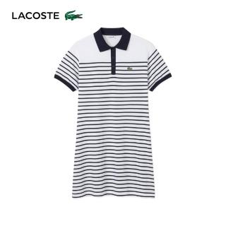 【LACOSTE】女裝-從容優雅條紋修身 Polo 領短袖洋裝(海軍藍/白色)