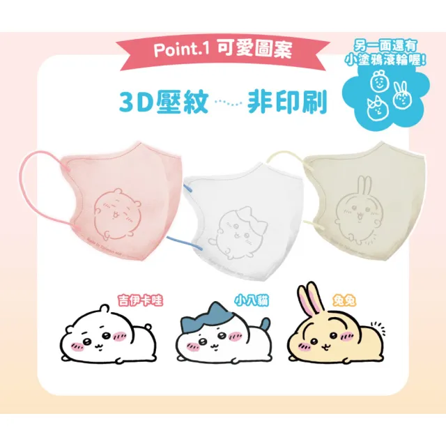 【Injoyyi 幸福物語】吉伊卡哇 成人3D立體醫用口罩5盒組 20入/盒（一盒兩色 Q萌壓紋）